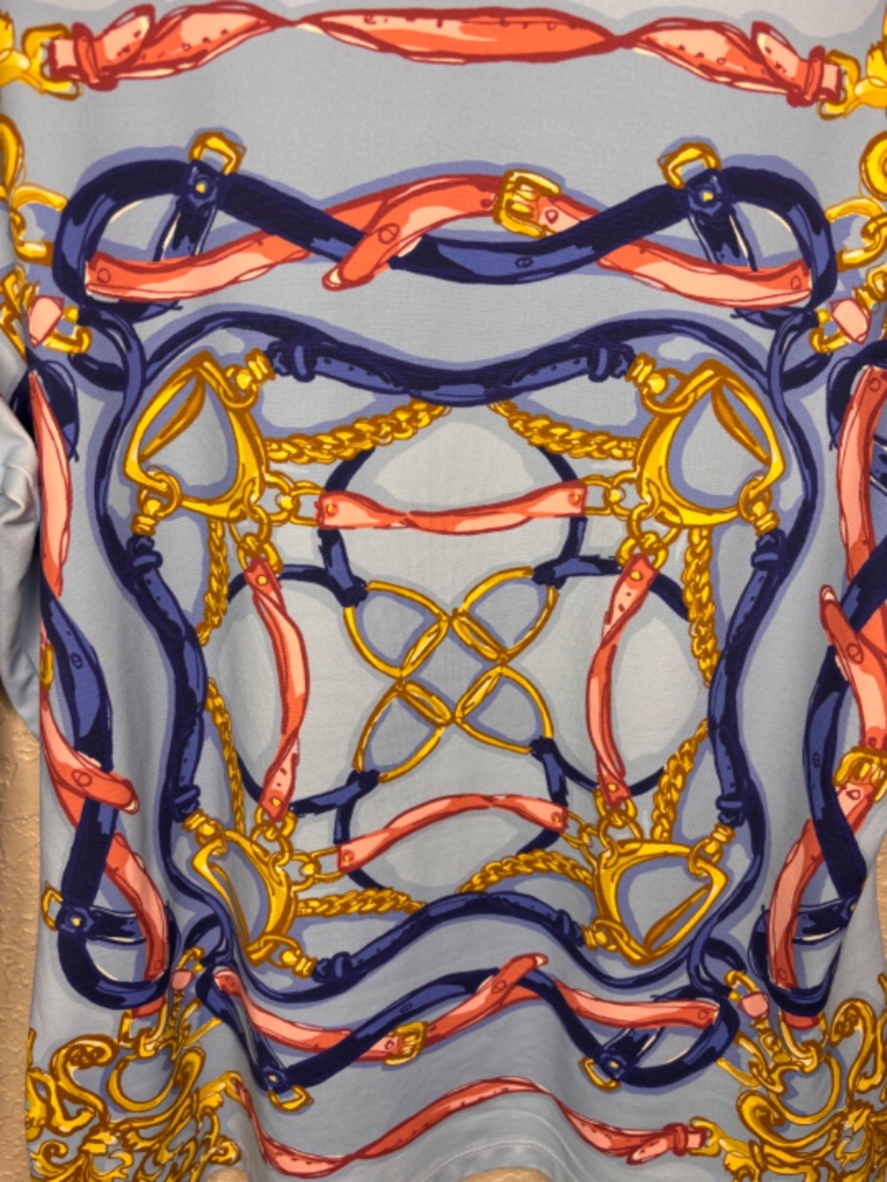 J. McLaughlin Blue Pink Gold Equestrian Print Catalina Cloth Top Women's Size L - Picture 6 of 9